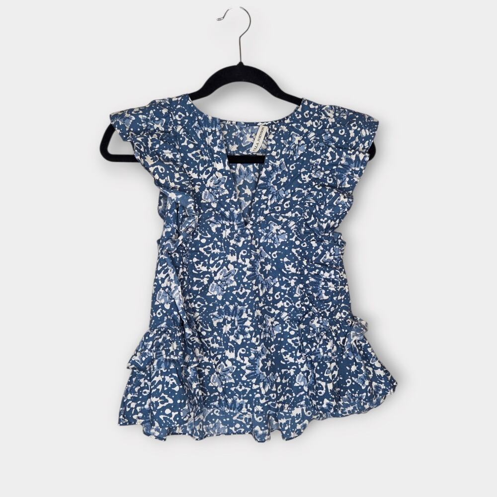Ulla Johnson Blue Floral Print Cotton Top V Neck Ruffle Hem Women's Sz 4
